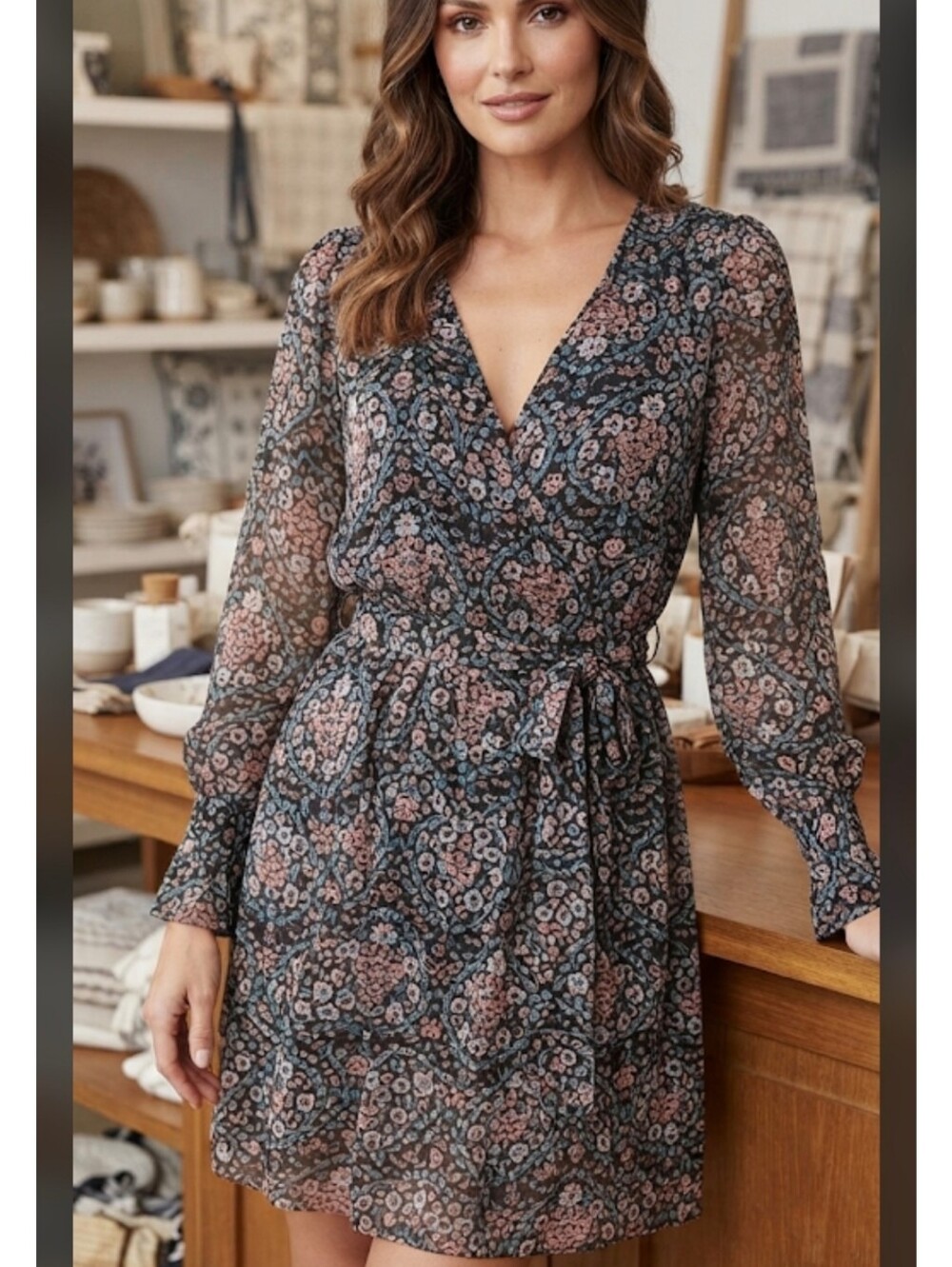 Lauren Conrad LC  Floral Long Sleeve Dress flower Peach and Black. (SKU 0023)